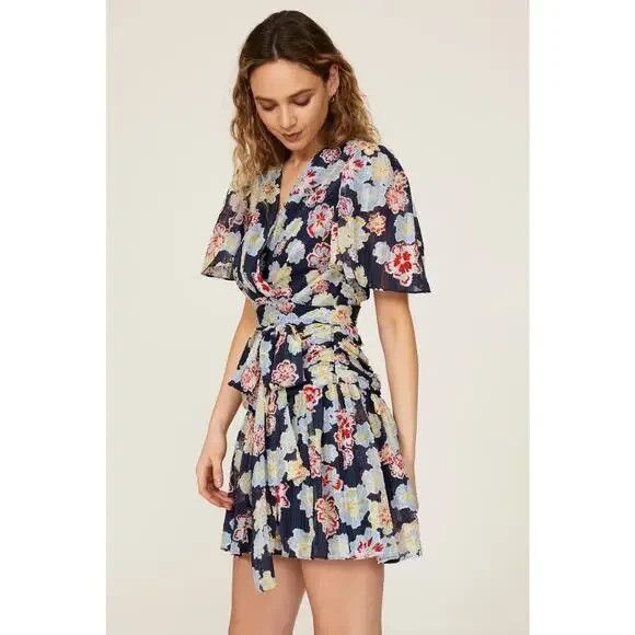 Tanya Taylor Brynn Floral Mini Wrap Dress Womens 18 Navy Floral Flutter Sleeves - Picture 6 of 16